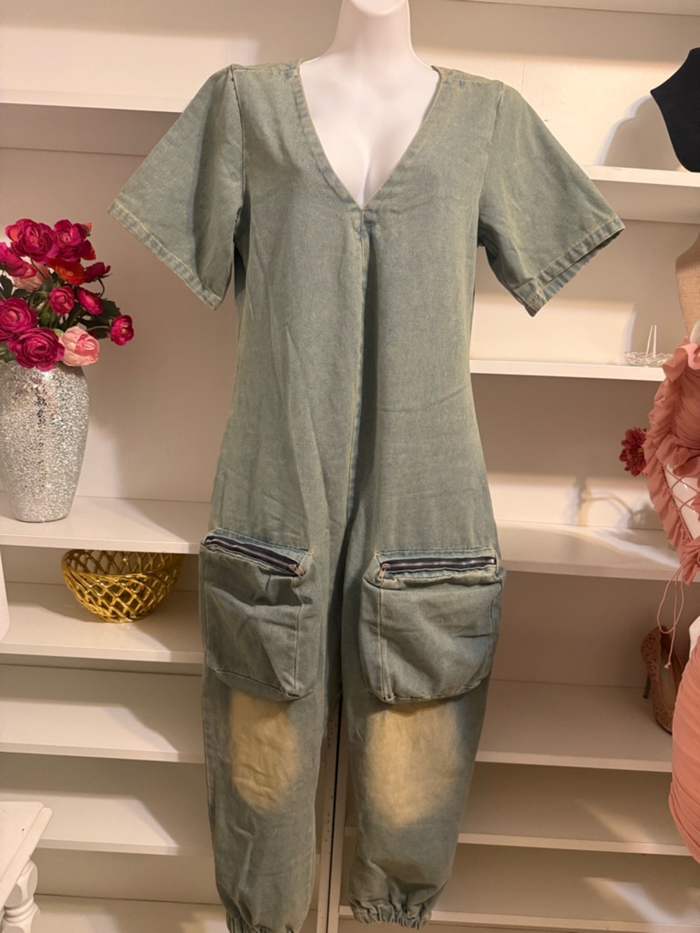 Washed Blue Utility Jumpsuit - Women L - Picture 6 of 9